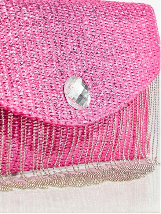 Shein SXY Women's Fashionable Metallic Coating Straw Woven Chain Tassel Clutch Bag -.