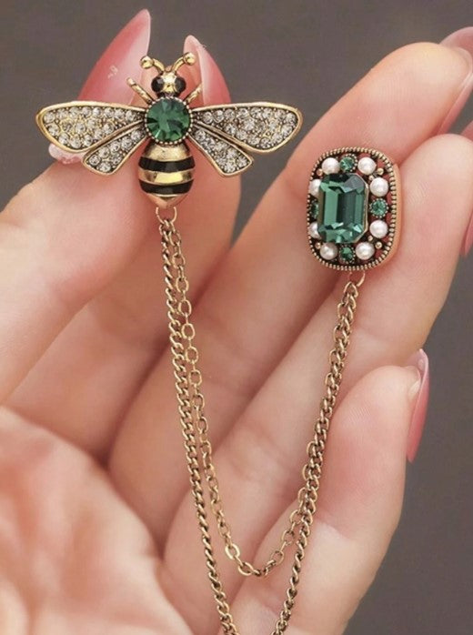 Shein Luxury and Elegant Women's Brooch Set Vintage Bee and Rhinestone Chain Pinz>