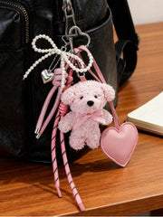 Shein 1pc Cute Girl's White Bear Silver Beads Bow Bag Charm, Lovely Heart-Shaped Keychain Pendant, Adorable Teddy >