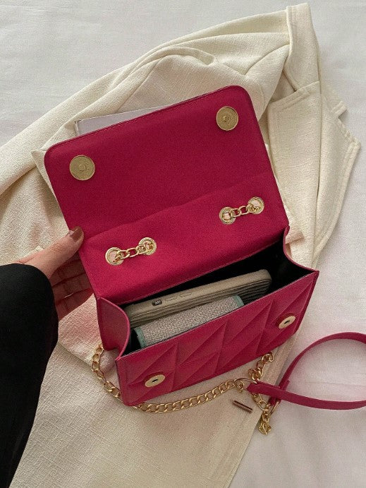 Shein Fashion Solid Color Rhombus Pattern Flap Small Square Bag with Gold Chain Strap & Tassel -.