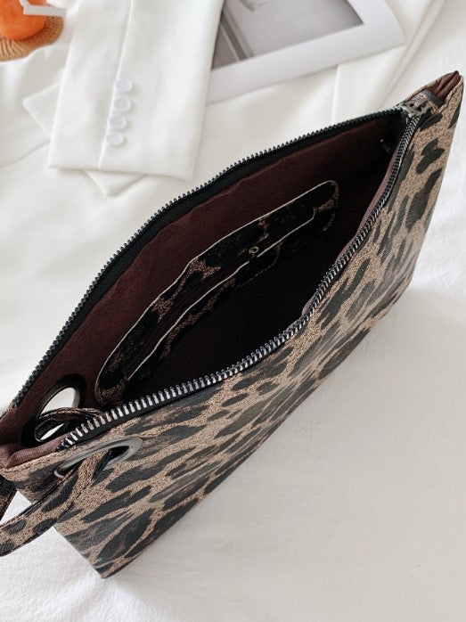 Shein Leopard Pattern Envelope Crossbody Wristlet Bag with Faux Leather Finish -.