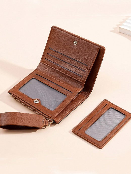 Shein Monogram Pattern Bifold Wallet with Coin Purse & Wrist Strap -.