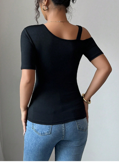 Shein Summer Fashion Plain Asymmetric Neck Fitted T-Shirt, XL >