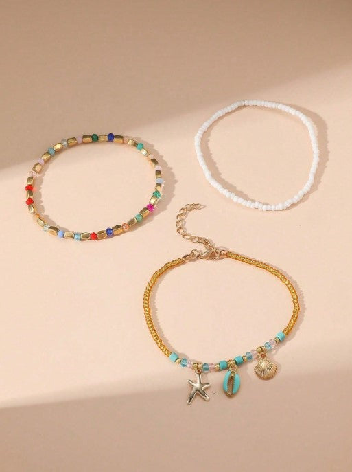 Shein 3pcs/Set Bohemian-Style Crystal Beaded And Colorful Shell Anklets Handmade>