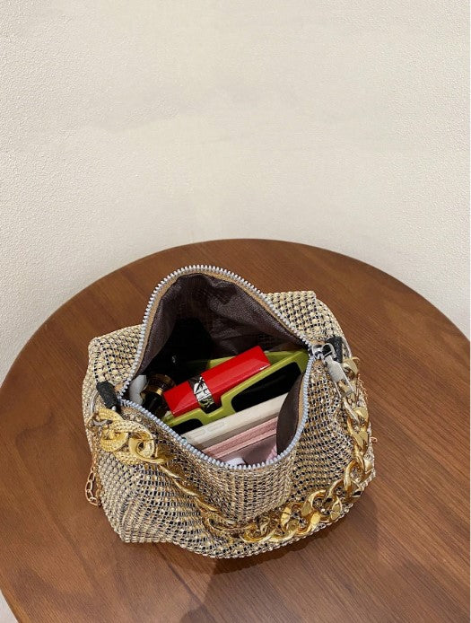 Shein Rhinestone Decor Bucket Bag with Chunky Gold Chain and Drawstring Design -.