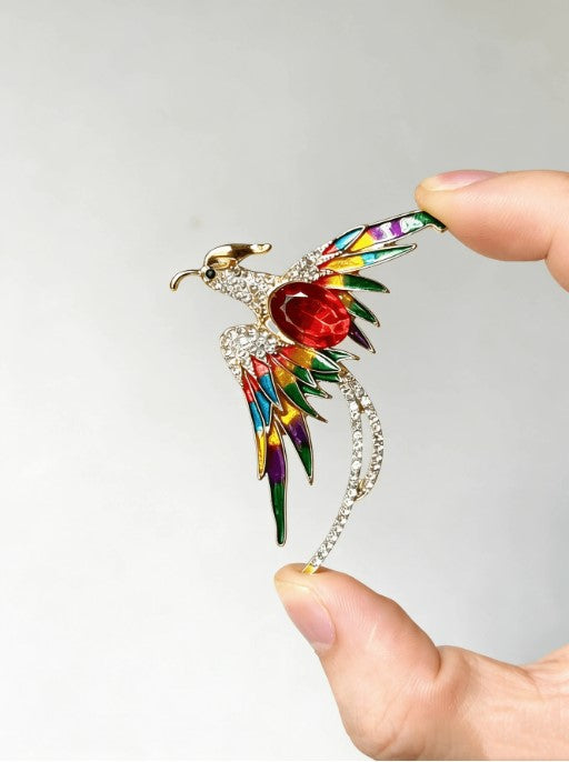 Shein 1pc Sparkling Crystal Phoenix Brooch Luxurious Gold-Tone Multicolor Enamel Bird Pin >