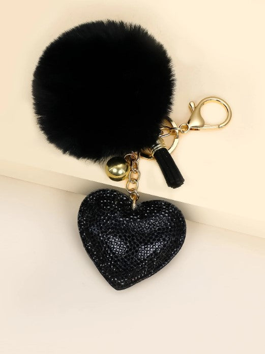 Shein Korean Heart Shaped Rhinestone Keychain with Black Pom Pom & Tassel -.