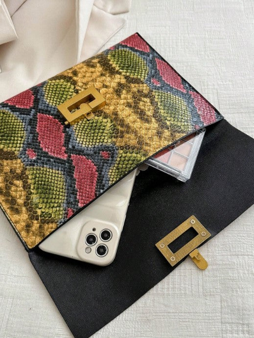 Shein 1pc Women's Multi-Color Snake Skin PU Leather Envelope Clutch Bag >