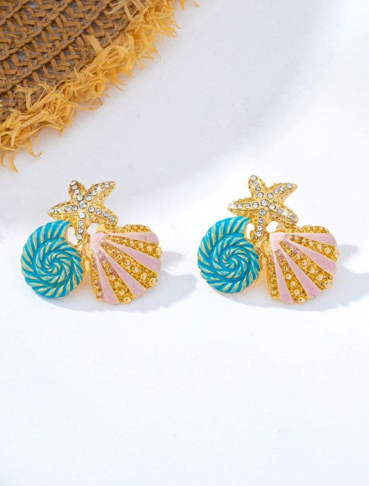 Shein 1 Pair Metal Enamel Starfish & Shell Pendant Earrings with Rhinestones>
