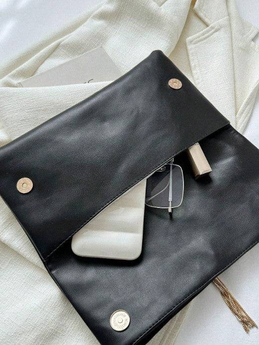Shein Tassel Decor Black PU Leather Envelope Clutch Bag -.