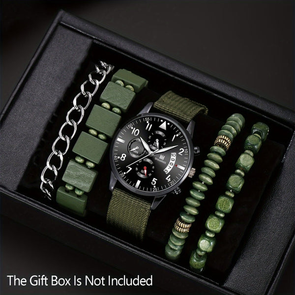 Shein Men’s Military Style Watch with Green Strap and Matching Bracelet Set +