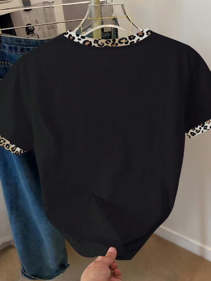 Shein Women's Color Block Bow & Leopard Print Round Neck Short Sleeve T-Shirt-.