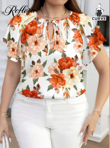 Shein Plus Size Elegant White Orange Rose Print Short Sleeve Top, XXL -.
