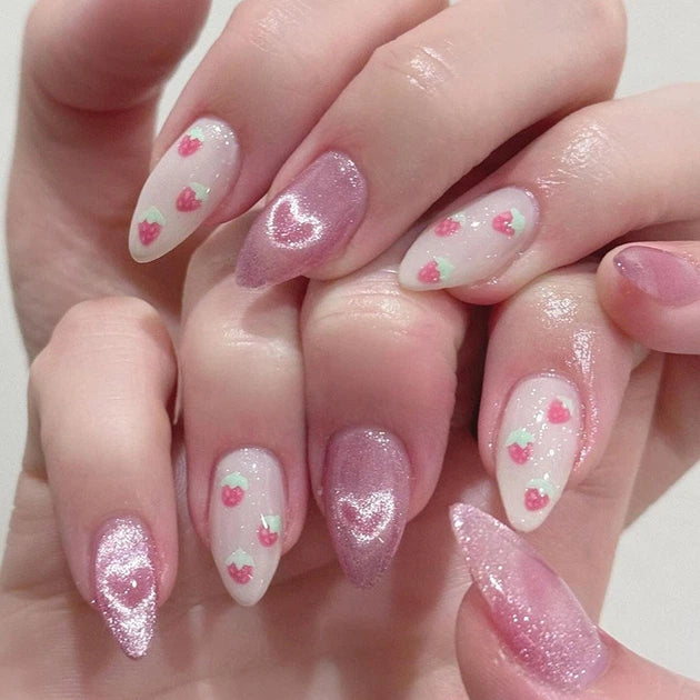 Shein 24Pcs Cat Eye Press on Nails - Medium Almond Glitter False Nails-.