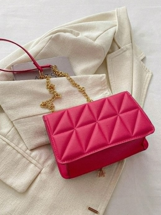 Shein Fashion Solid Color Rhombus Pattern Flap Small Square Bag with Gold Chain Strap & Tassel -.