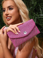 Shein SXY Women's Fashionable Metallic Coating Straw Woven Chain Tassel Clutch Bag -.