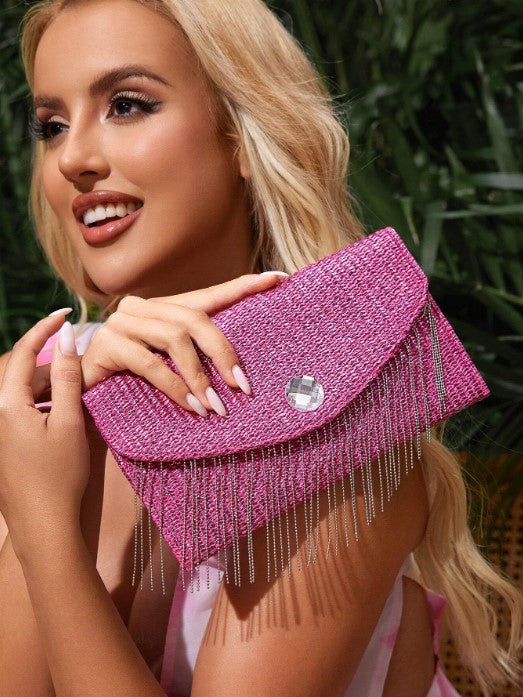 Shein SXY Women's Fashionable Metallic Coating Straw Woven Chain Tassel Clutch Bag -.