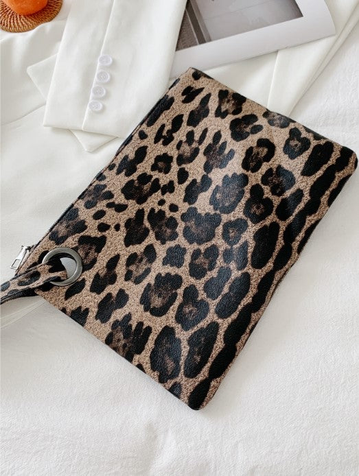 Shein Leopard Pattern Envelope Crossbody Wristlet Bag with Faux Leather Finish -.