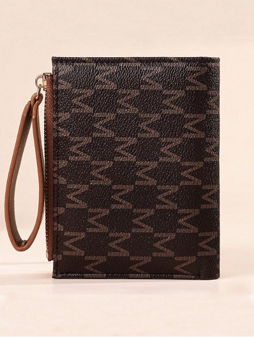 Shein Monogram Pattern Bifold Wallet with Coin Purse & Wrist Strap -.