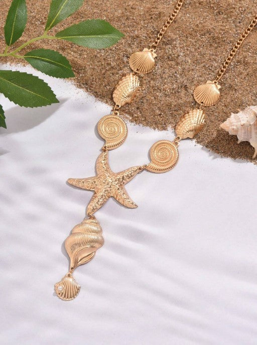 Shein 1pc New Stylish Ocean Themed Pendant Necklace Gold Shell Starfish Lariat Choker >