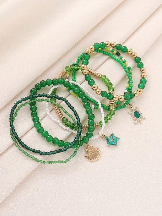 Shein 8pcs Bohemian Ocean Theme Seahorse Shell Starfish Pendant Glass Beaded Multilayer Bracelet Set>