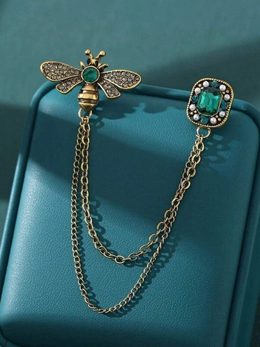 Shein Luxury and Elegant Women's Brooch Set Vintage Bee and Rhinestone Chain Pinz>