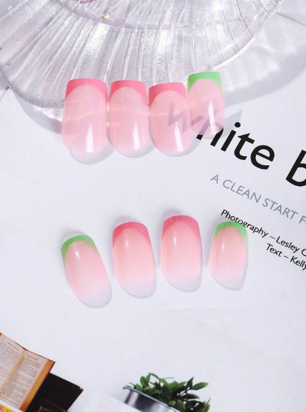 Shein 24 Pieces Boxed Alamond Shape Pink Transparet White French Neutral Nails Japanese Styls Press On Nails>