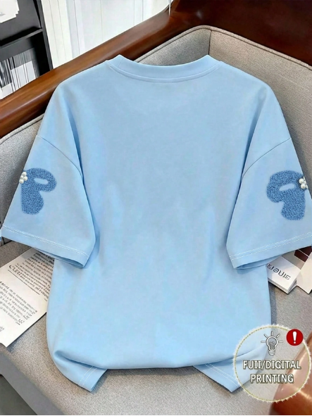 Shein Round Neck Digital Print Bow Rivet T-Shirt Blouse, XL>