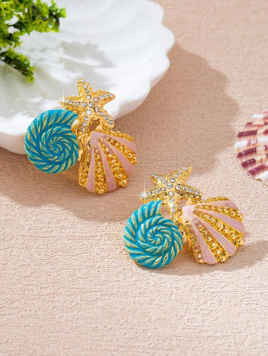 Shein 1 Pair Metal Enamel Starfish & Shell Pendant Earrings with Rhinestones>