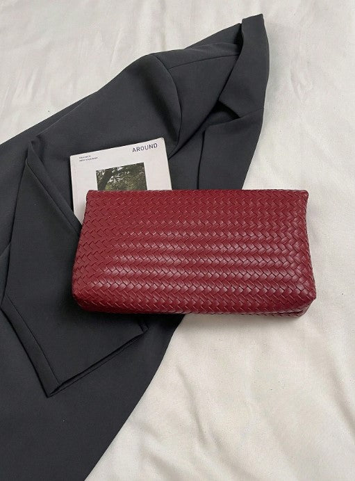 Shein Red Woven Pattern Handbag with Magnetic Flap Closure and Large Capacity -.