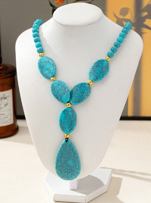 Shein 1pc Bohemian Vintage Faux Turquoise Bead Asymmetric Necklace >