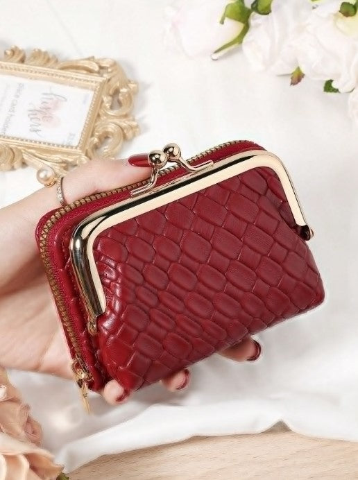 Shein Burgundy Multi-functional Large Capacity Woven Short PU Leather Purse with Zipper and Hasp -.