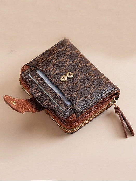 Shein Retro Lychee Pattern Monogram Wallet with Multi-Card Slots & Zipper Coin Purse -.