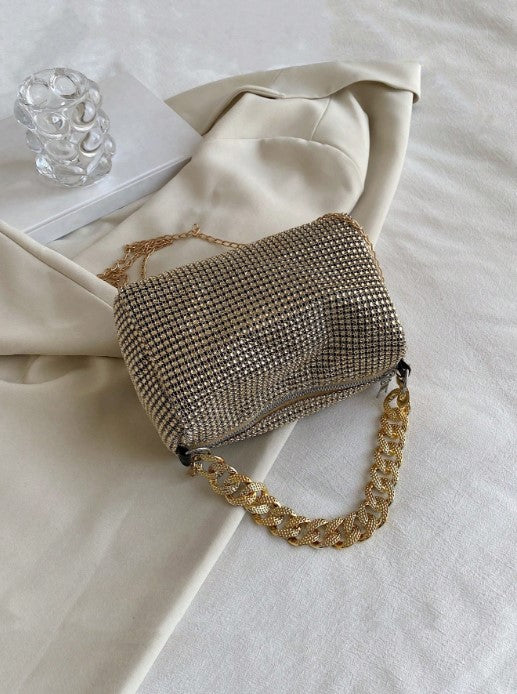 Shein Rhinestone Decor Bucket Bag with Chunky Gold Chain and Drawstring Design -.