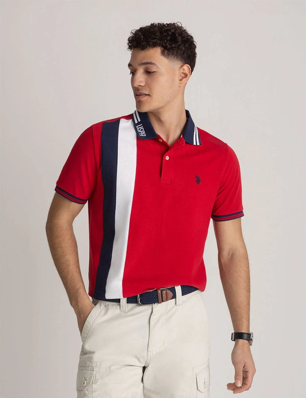 U.S. Polo Men Red Color Block Cotton Polo Shirt, XL +