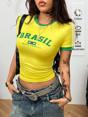 Women's Brazil Letter Print Ruched Sleeveless Sport Top
