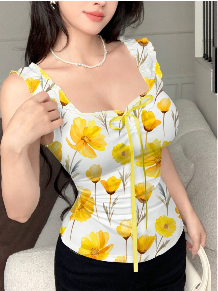 Shein Heart Print Layered Camisole Top With Bow Tie, Fitted Waist Design, XL -.