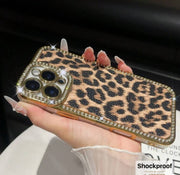 Iphone 1pc Rhinestone Fashionable Leopard Print Gold Plated Phone Case>