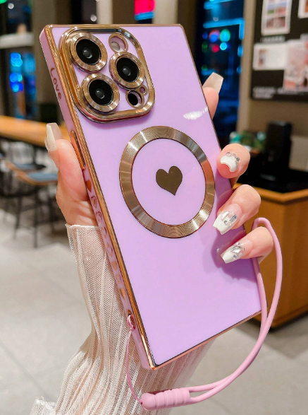 New Beige Electroplated Heart-Shaped Magnetic Adsorption Painted Straight Edge + Adjustable Anti-Lost Lanyard Shockproof Phone Case>