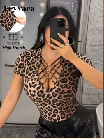 Shein Leopard Print Hollow Cross Straps Metal Ring T-Shirt, XL -.