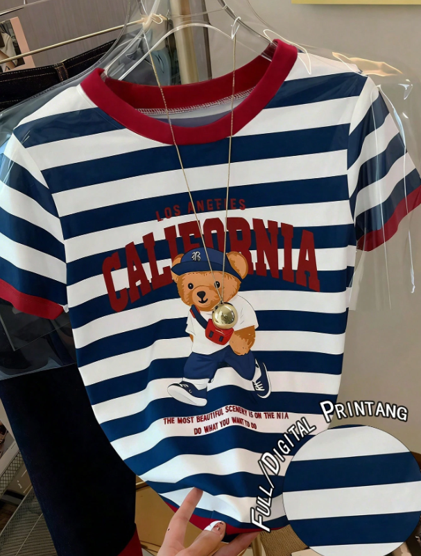 Shein Women's Cartoon Bear Striped Print Casual Round Neck Short Sleeve T-Shirt >