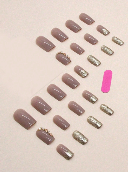 Shein Nude Beige Rhinestone & Glitter Ombré Press-On Nails – Rose Gold Crystal Accent Square False Nails Set>