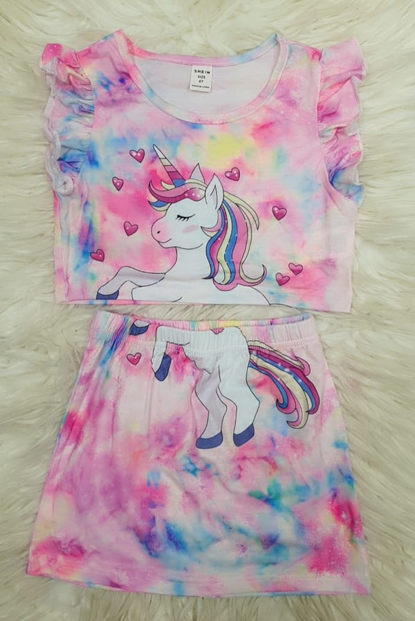 Shein Girls Unicorn Print Tie Dye Sweatshirt & Skirt, 6T */