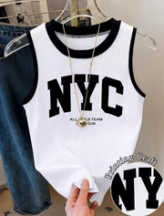 Shein Letter Print Contrast Color Round Neck Casual Tank Top, M>