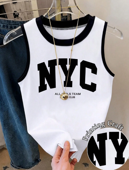 Shein Letter Print Contrast Color Round Neck Casual Tank Top, M>