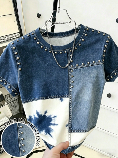 Shein Light Blue And White T-Shirt,Casual Round Neck Tee, L -.