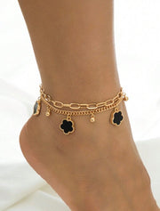Shein 1pc Summer Vacation Elegant Metal Black Flower & Clover Pendant Multi-Layer Anklet >