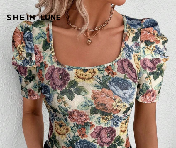 Shein Oil Painting Floral Square Collar Puff Sleeve Fitted T-Shirt, XL +