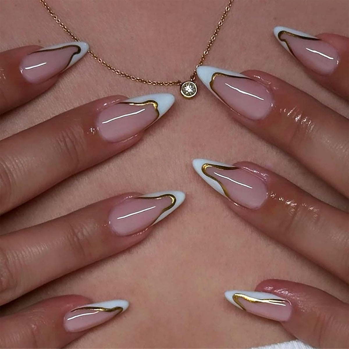 Shein 24 White French Tip Press-on Nails, Gold Line Fake Nails