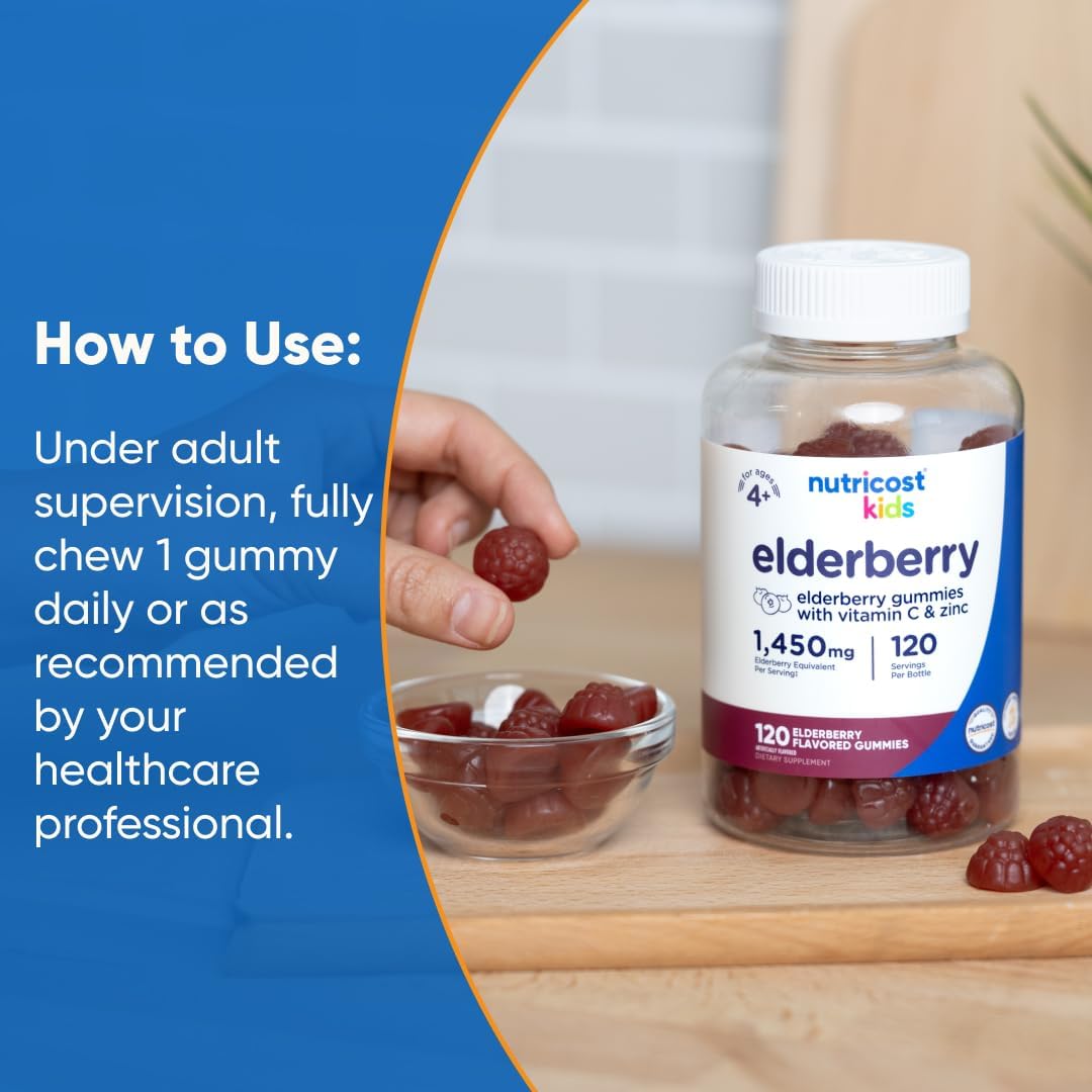 Nutricost Kids Elderberry Gummies (50mg) with Zinc & Vitamin C 120 Gummies - Gluten Free, No Corn Syrup +